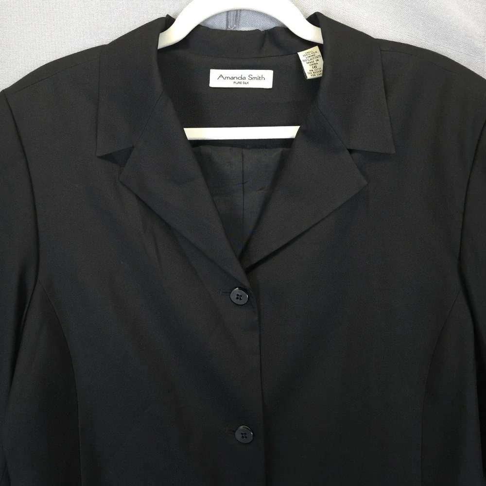 Amanda Smith Blazer Womens 16 Pure Silk Black‎ 3 Button Lined Career Jacket